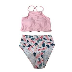 Romwe Bikini 2 pc Pink Green High Rise Size Medium Leaf Pattern